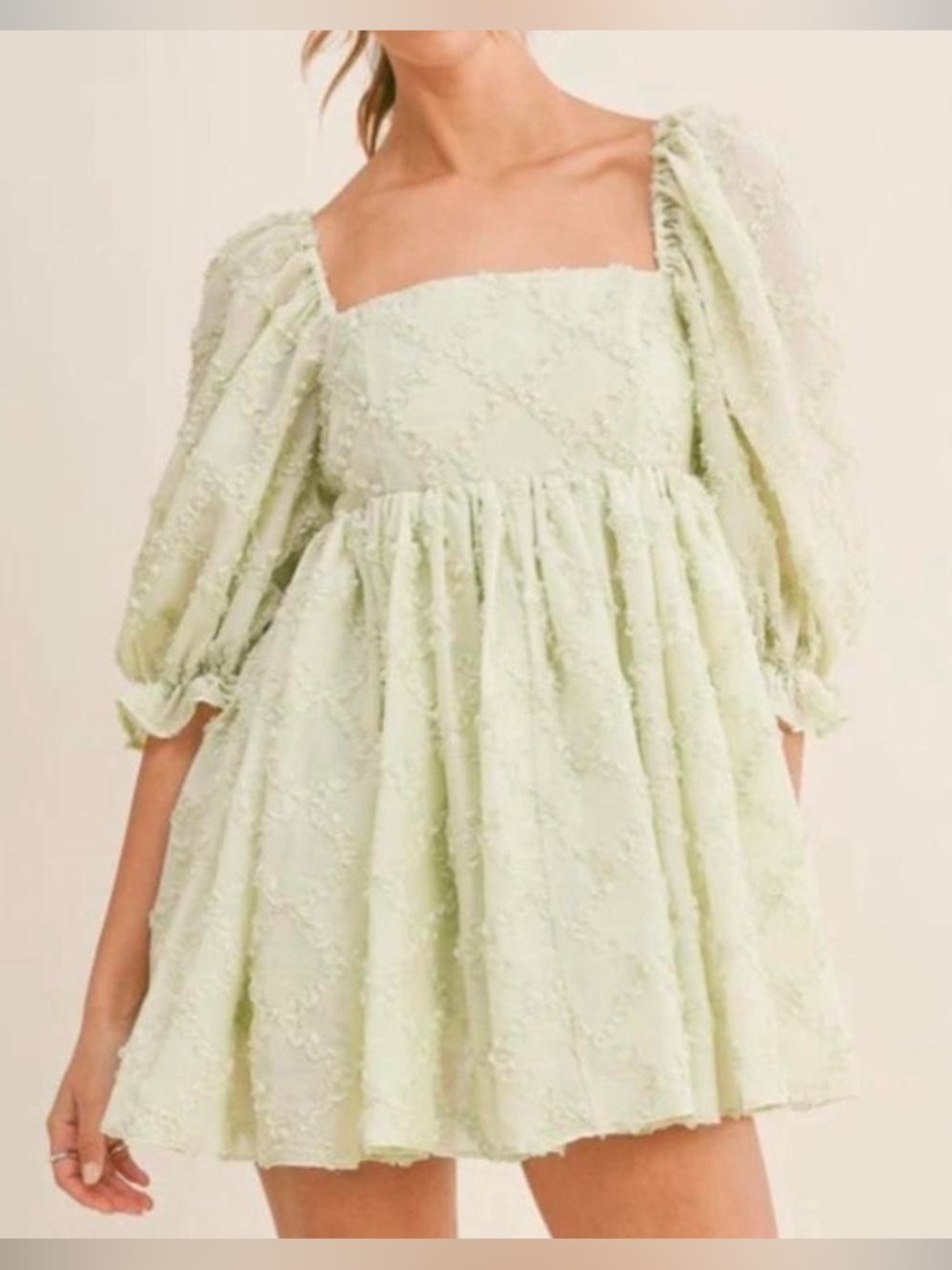 Light Green Puff Sleeve Square Neck babydoll style Dress